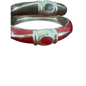 Set of 2 Vintage Clamper Bangle Bracelets Silver Tone Brown Red Enamel Estate 7"